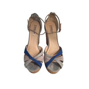 L.K. Bennett  Light Blue Suede  Wedge  Cork Ankle Strap Sandals Size 9